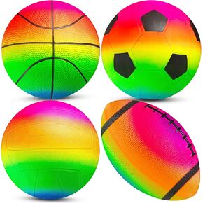 Rainbow Sports Balls for Kids & Toddlers - (Pack of 4) 8.5-Inch Neon Sport Ball Set Includes Football, Soccer, Basketball, & Playground Balls, Inflatable Indoor & Outdoor Fun Toys - Birthday Gift in Kuwait