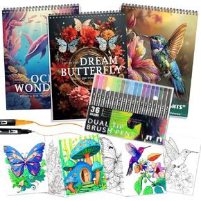 3Pcs Adult Coloring Book for Women Relaxation, 36 Colors Markers with Spiral Bound Adult Coloring Book for Women, 36 Dual Tip Colors Markers, Anxiety Relief Mindfulness Gifts(Cottage & Garden & House) in Kuwait
