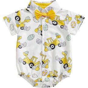 Baby Boy Easter Outfit Bunny Bunny/Carrot/Chick Print Dress Shirt Bodysuit Lapel Button Short Sleeve Romper Top in Kuwait