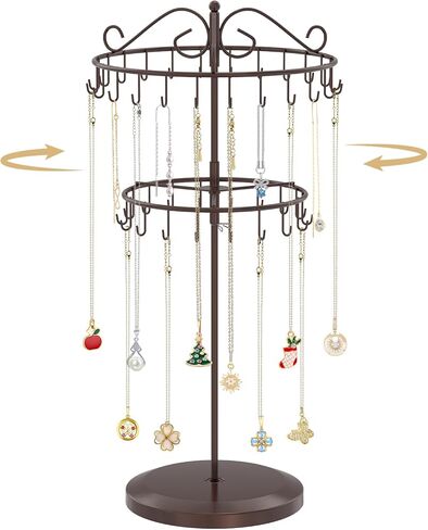 MODOWEY Rotating Necklace Holder Organizer Display Stand with 42 Hooks, 2-Tier Adjustable Metal Tree for Long & Short Necklace Hanger Selling, Tall Spinning Bracelet Storage Rack for Men Women, Black in Saudi Arabia