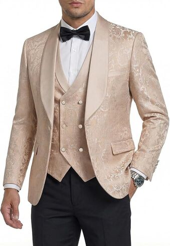 Hihawk Mens 3 Piece Floral Tuxedo, Jacquard Slim Suit Set, Paisley Blazer Vest and Pants with Bow Tie for Prom Wedding in Saudi Arabia