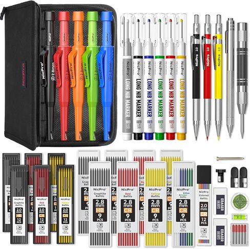 Nicpro 44 Pack Carpenter Pencil مجموعة مع Sharpener ، أقلام النجار الميكانيكية CP3000 مع إعادة التعبئة ، علامة NIB ذات الثقب العميق ، أداة Scribe Carbide ، أقلام البناء لعملية Architect Woodworking in Saudi Arabia