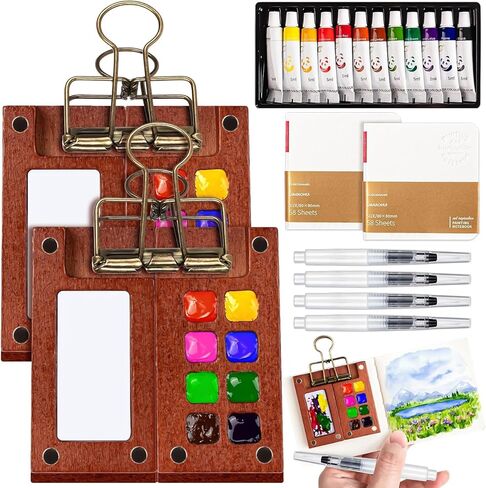 9Pcs Mini Watercolor Paint Set, Mini Painting Kit Contain Boards, Paint, Notebook and Pens, Travel Watercolor Set for Painters, Artists, Students in Saudi Arabia