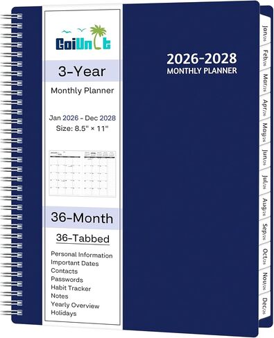 Monthly Planner 2026-2028, 36 Months Calendar Planner 2026-2028 from Jan 2026 – Dec 2028, 8.5'' x 11'' with Ruled Spread, Flexible Cover, Spiral Wirebound, Pocket, Coated Tabs, Notes ＆ Habit Tracker in Kuwait