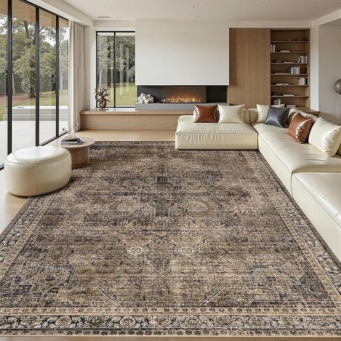 Washable Area Rugs 8x10, Large Rugs for Living Room, Carpet for Bedroom, Soft Faux Wool Retro Dining Room Rug, Non-Slip Backing Resistant Low Pile Vintage Print Rug for Home Office (Taupe/Blue) in Saudi Arabia