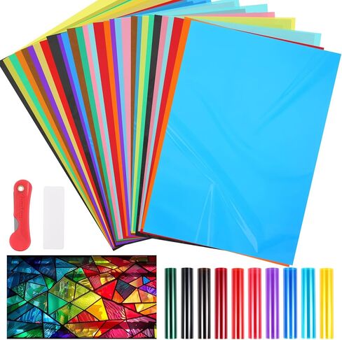 20 Sheet 10 Colors Window Film Transparent Decorative Glass Film Self-Adhesive Window Tinting with Knives and Scrapers for DIY Party Home Decoration A4 Sample 21 cm x 30 cm in Saudi Arabia