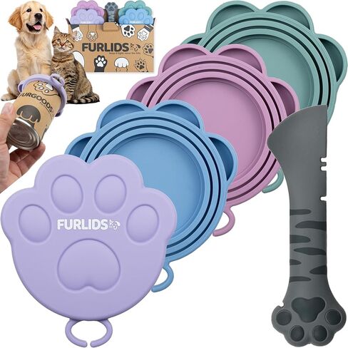 Furlids 4 Pack Silicon Lids & Spatula للكلاب والقطط والحيوانات الأليفة الغذاء الرطب | غطاء لـ Dogfood و Catfood | قبعات السيليكون ، أغطية ، قمم للعلب | غسالة الصحون والثلاجة آمنة | يمكن أن يغطي حيوان أليف الكلب القط in Kuwait