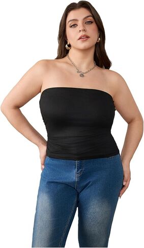 Wdirara Women's Plus Size Size Britbless Ruched Tube Tops Summer Slim Fit Fit Bandeau Top in Saudi Arabia