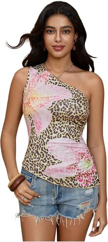 Floerns Women's Cheetah Print One Shoulder Tank Top Sleeveless Ruched Floral Vest Shirts in Saudi Arabia