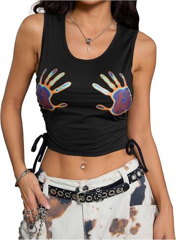 SHENHE Women's Summer Ruched Sleeveless Hands Print Crewneck Drawstring Tank Crop Tops in Kuwait