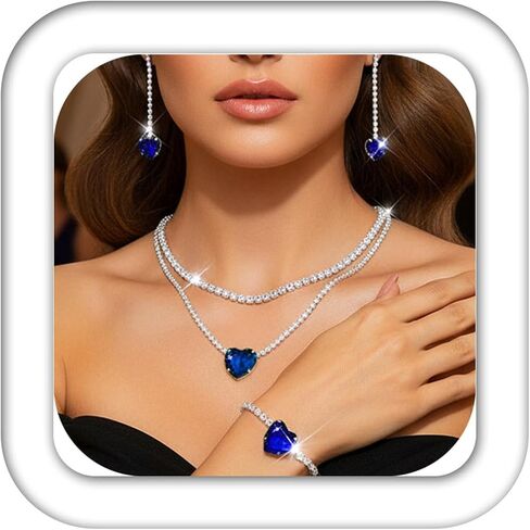 Aukmla Women Bridal Wedding Jewelry Set Silver Crystal Heart Pendant Necklace Earring Bracelet Sets Prom Layered Necklaces in Saudi Arabia