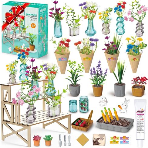 Make It Miniature Botanicals Collectibles Playset, Paper Flower Bouquet DIY Crafts, Mini Plants, Bonsai, Potted, Succulent, Garden, Farm, Wooden Stand for Display, Collectors, Toy Gift, 6+, 70 Pcs in Kuwait