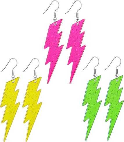 Hicarer 3 زوج 80s 90s أقراط نيون للنساء حلق الفلورسنت إكسسوارات مجوهرات Accrylic Drop for Glow Party Outfit (ألوان التدرج ، نمط البرق) in Kuwait