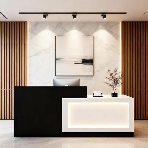 White and Black Reception Desk with LED Light Wooden Commercial Receptionists Desk Front Reception Counter Table Computer Workstation for Office Salon Checkout Right 79inch/200cm in Saudi Arabia