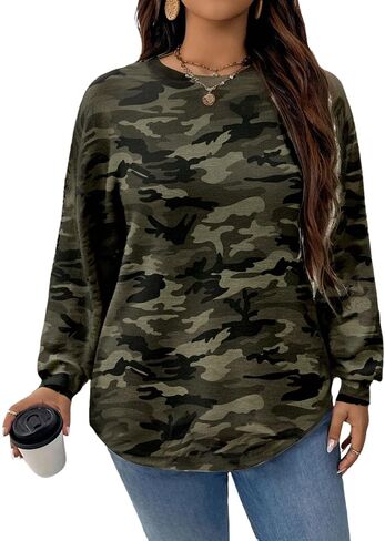 Women's Plus Size Camo Sweatshirts Crewneck Long Sleeve Drop Shoulder Fall Tops in Saudi Arabia