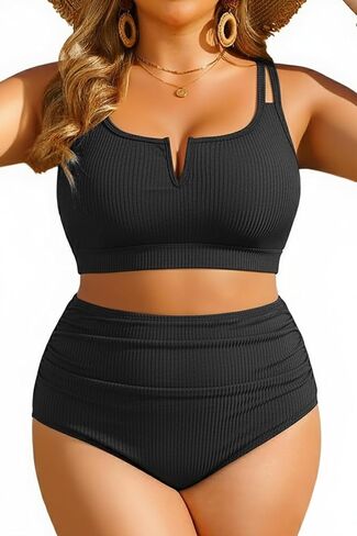 Women Plus Size High Waisted Bikini - Ribbed Two Piece Swimsuit Tummy Control Bathing Suit V-Wired 2025 Swimwear in Saudi Arabia