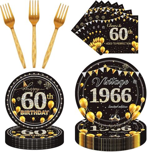 Vintage 60th Party Tableware - 96PCS 60th Birthday Decorations for Men Woman Black Gold 1964 Birthday Party Tableware Set Over the Hill Happy 60th Birthday Plates Napkins Forks Supplies in Kuwait