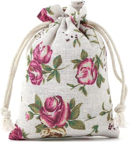 50PCS Jewelry Burlap Bags with Drawstring Mini Rose Flower Pouch Linen Gift Bags for Wedding Favors Party and DIY Craft (4X6Inches) in Kuwait