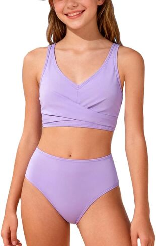 فتيات السباحة 2 قطعة من الأزهار الاستوائية تويست كروس ملابس السباحة عالية الخصر مجموعة في سن المراهقة بدلة السباحة الصلبة الصلبة 9-16T in Kuwait