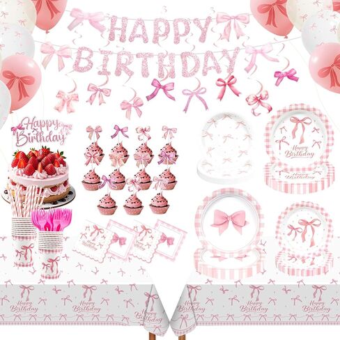 ديكورات عيد ميلاد Coquette -192pcs PCS Pink Bow Party Supplies تقدم 24 ، مع Plates Top Fact Cups Banner Tableloth Balloons Bow Themp in Saudi Arabia