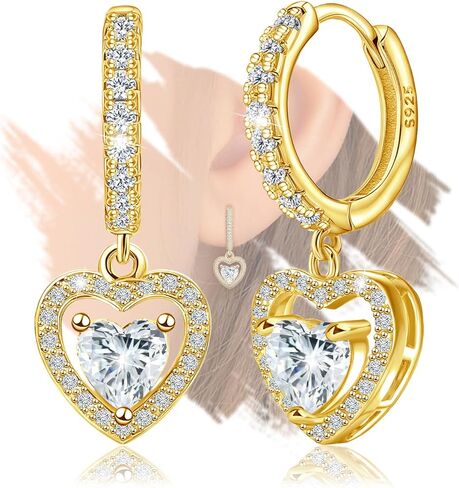 Sterling Silver Heart Earrings for Women - Classic Love Heart-Shaped Hoop Earrings with Dangle Hypoallergenic Cubic Zirconia Lightweight Fashion Gifts for Mom Wife in Saudi Arabia