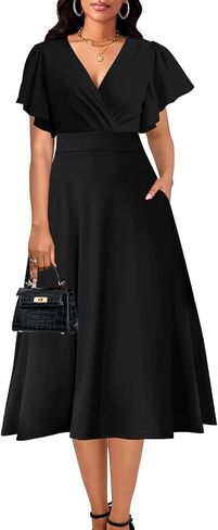 ZonJie Summer Casual Dress for Women V Neck Ruffle Short Sleeve A Line Swing Flared Cocktail Party Midi Dress with Pocket in Kuwait