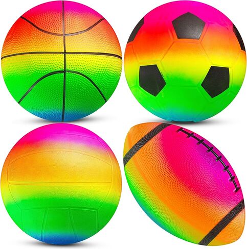 Rainbow Sports Balls for Kids & Toddlers - (Pack of 4) 8.5-Inch Neon Sport Ball Set Includes Football, Soccer, Basketball, & Playground Balls, Inflatable Indoor & Outdoor Fun Toys - Birthday Gift in Kuwait