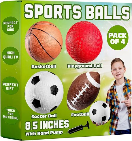 Rainbow Sports Balls for Kids & Toddlers - (Pack of 4) 8.5-Inch Neon Sport Ball Set Includes Football, Soccer, Basketball, & Playground Balls, Inflatable Indoor & Outdoor Fun Toys - Birthday Gift in Kuwait