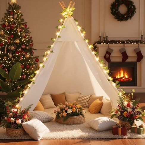 Kids Teepee Tent - 64 "100 ٪ من مسرح القطن للأطفال الصغار والفتيات والفتيان | خيمة اللعب الداخلية/الخارجية مع أضواء كرمة LED ، ثلاث مرات مع المخيم وعمود أعمدة الخشب المستقرة | قراءة زاوية in Saudi Arabia