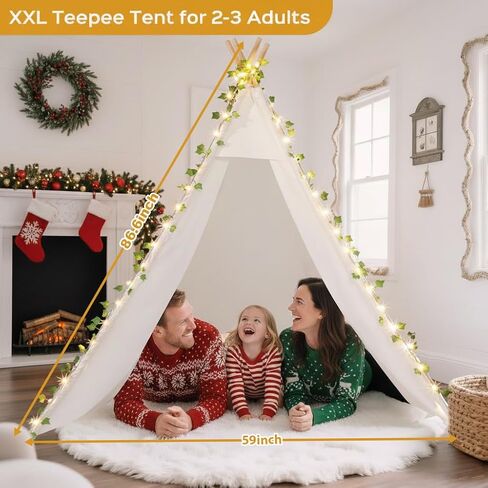 Kids Teepee Tent - 64 "100 ٪ من مسرح القطن للأطفال الصغار والفتيات والفتيان | خيمة اللعب الداخلية/الخارجية مع أضواء كرمة LED ، ثلاث مرات مع المخيم وعمود أعمدة الخشب المستقرة | قراءة زاوية in Saudi Arabia
