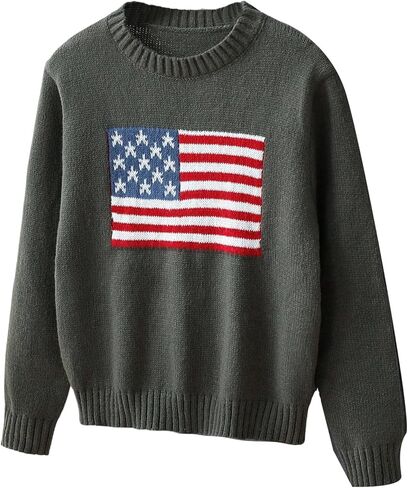 Verdusa Girl's American Flag Print Pullover Sweaters Round Neck Long Sleeve Knit Top in Saudi Arabia