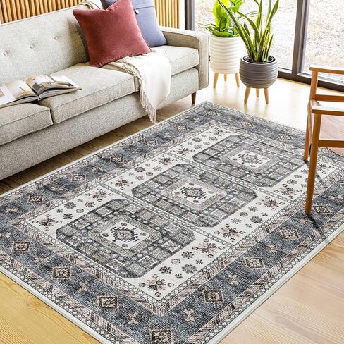 سجادة قابلة للغسل قديمة ， 8x10 منطقة بوهو سجاد لغرفة المعيشة ، غرفة نوم ، مطبخ ، سجادة داخلية غير قابلة للطي ناعمة ، البحرية/البيج in Kuwait