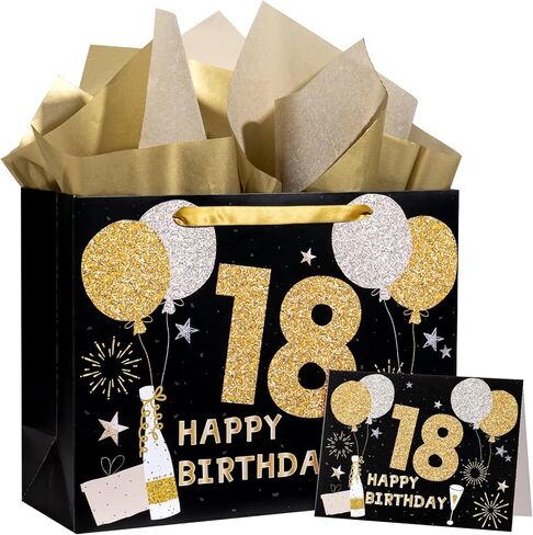 WRAPAHOLIC 13" Large 21st Birthday Gift Bag with Card and Tissue Paper - Black Gold Balloon and 21 Happy Birthday Lettering Design in Saudi Arabia