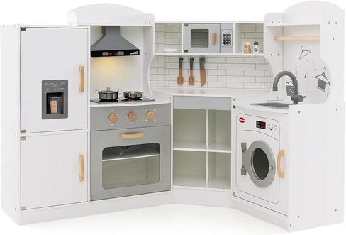 Honey Joy Corner Kids Kids Kitchen Playset ، Ultimate Wooden Play Kitchen للأطفال الصغار ، والغسالة ، وصانع الثلج ، والوعة ، والميكروويف ، الطاهي الصغير Play Play مجموعة مطبخ ، هدية للبنات ، أبيض in Saudi Arabia