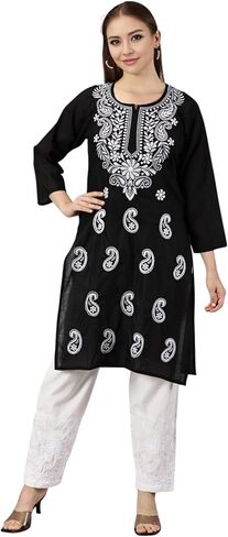FCH FCHINABLE CHIKAN HANDIKRAFT WIND SEMI COTIN COMPLEDED KURTI | اختيار المرأة المثالية للمكاتب والملابس العادية ، الولايات المتحدة ، ألفا ، كبيرة ، أسود in Saudi Arabia