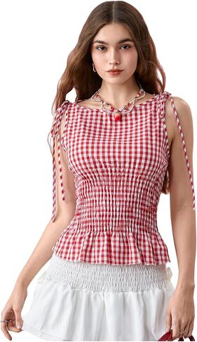 GORGLITTER Women's Y2k Gingham Tank Tops Tie Shoulder Sleeveless Boat Neck Ruffle Shirred Crop Top in Saudi Arabia