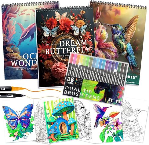 3Pcs Adult Coloring Book for Women Relaxation, 36 Colors Markers with Spiral Bound Adult Coloring Book for Women, 36 Dual Tip Colors Markers, Anxiety Relief Mindfulness Gifts(Cottage & Garden & House) in Kuwait