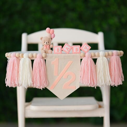 Pink Tassels 1/2 Birthday Banner Half Way To One Baby Girl Decorations 6 Months Happy Half Birthday High Chair Banner Photoshoot Props Photo Props in Saudi Arabia