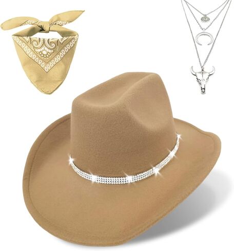 Western Black Cowboy Hats for Women Men, Fedora Wide Brim Sparkly Rhinestone Cowgirl Hat with Bandana and Evil Eye Bull Head Necklace in Kuwait