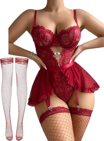 Women Lingerie with Garter Belt 4pcs Set Lace Contrast Mesh Bodysuit Ruffle Garter Belt Skirt 1 Pair Stockings in Kuwait
