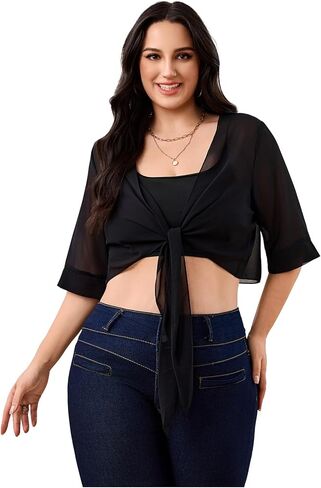 Women's Plus Size Sheer Mesh Chiffon Blouses Tie Front Half Sleeve Crop Cardigan Shrug in Saudi Arabia