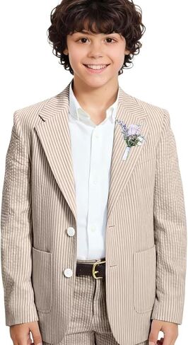 Boys Seersucker Suit 2 Piece Slim Fit Summer Beach Wedding Outfit Kids Blazer Jacket Dressing Pants Suits for Toddler Teenage in Saudi Arabia