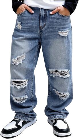 SHENHE Boy's Baggy Jeans Wide Leg Ripped Hip Hop Loose Fit Casual Denim Pants with Pockets in Saudi Arabia