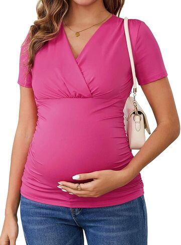 Women's Maternity Shirts Ruched Wrap V Neck Cross Over Breastfeeding Blouse Nursing Pregnancy Tops in Kuwait