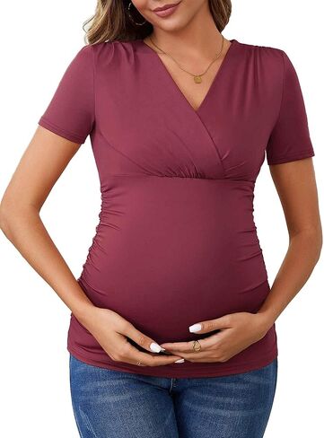 قمصان الأمومة النسائية Ruched Wrap v Cross Oper Tops Plouse Plouse Pluse Rasing Rasing Tops in Kuwait