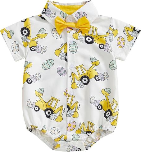 Baby Boy Easter Outfit Bunny Bunny/Carrot/Chick Print Dress Shirt Bodysuit Lapel Button Short Sleeve Romper Top in Kuwait