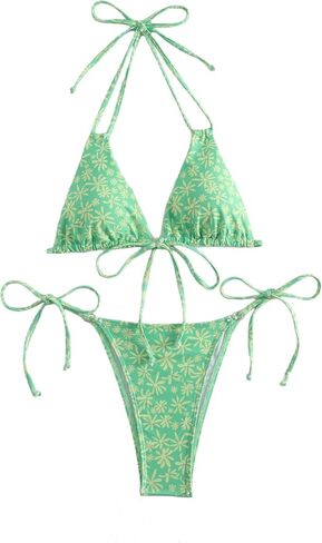 WDIRARA Women's Floral Print Halter Bikini Swimsuit Two Piece Tie Side Bathing Suit in Kuwait