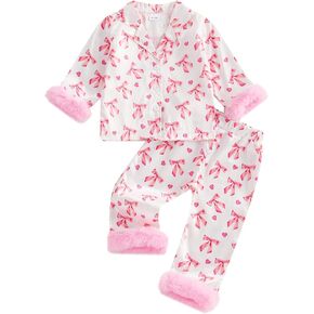 Kids Girls Pajamas Baby Short/Long Sleeve Bow Print Button Down Bants Satin Silk Halloween Christmas Pajamas (Bow Print Sky Blue ، 2-3 Years) in Kuwait