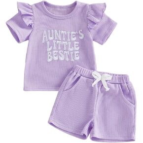 Aunties Bestie Baby Clothes Gender Neutral Baby Boy Short Sleeve Letter T-Shirt Solid Color Shorts Summer Outfit (B-Auntie Beige, 6-12 Months) in Saudi Arabia