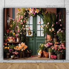 10x8ft Spring Flower Backdrop for Photography Indoor Blooming Flower Arch Wooden Door Floral Photo Background Video Photo Shoot Wedding Portrait Background Studio Photo Booth Props in Kuwait